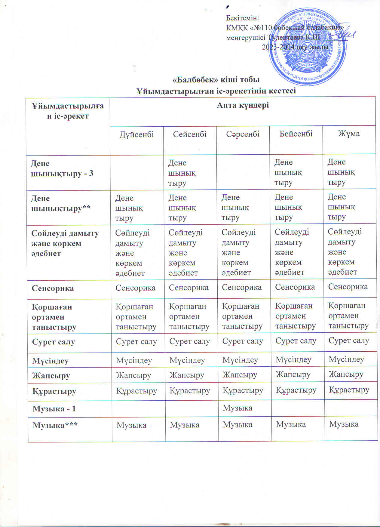 Ұйымдастырылған іс әрекет кестесі 2023-2024 оқу жылы